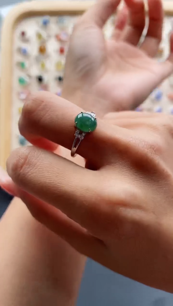 【闪购商品】翡翠戒指银S925镶嵌缅甸天然A货翡翠444 2+4