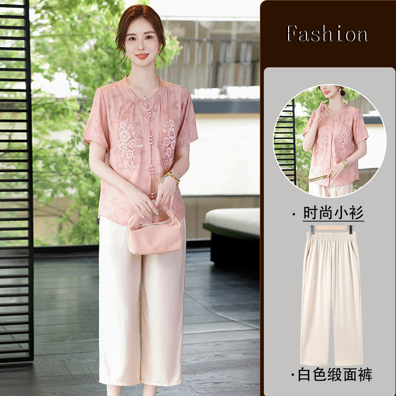 妈妈装夏季新款洋气短袖小衫40-50岁中老年人女装时尚上档次上衣