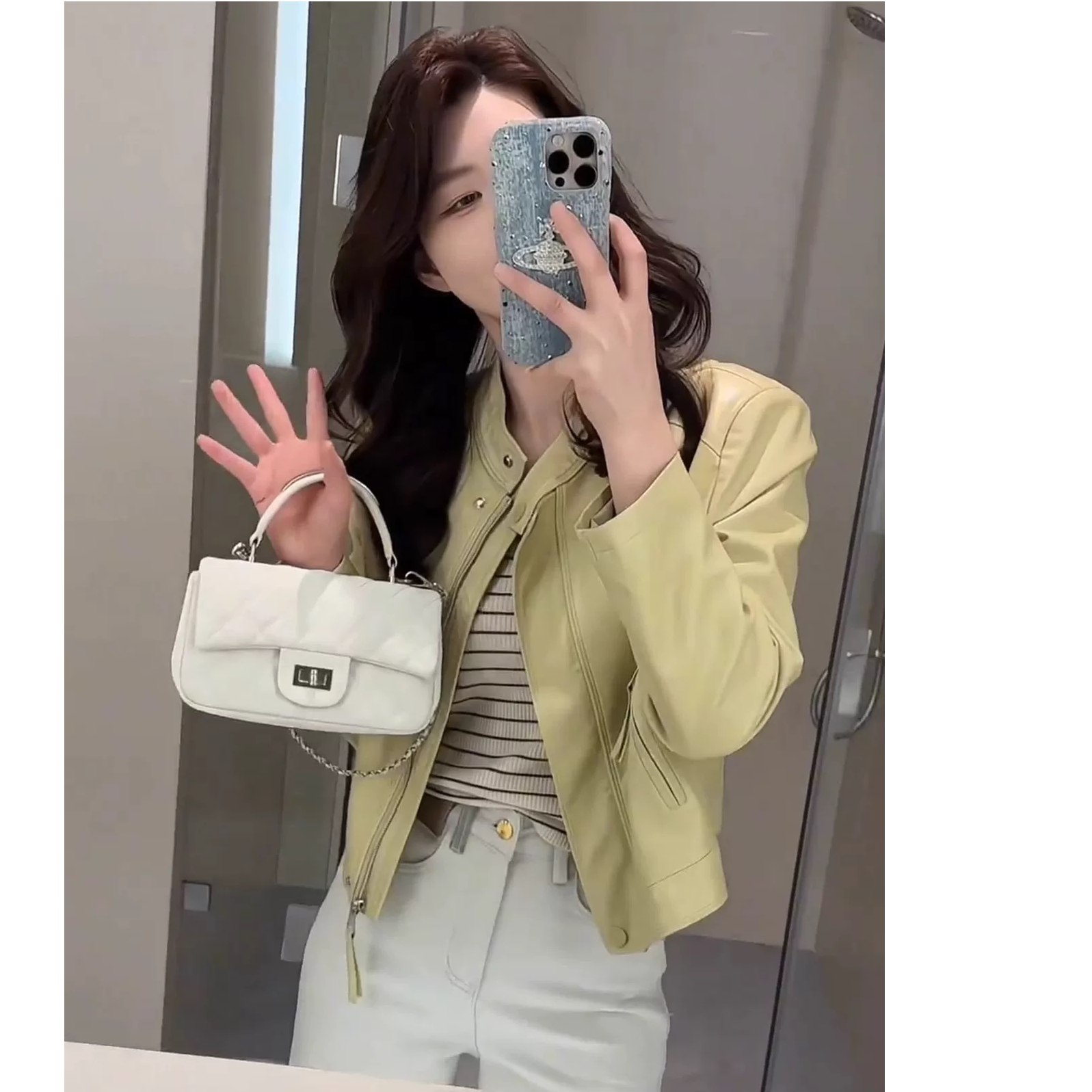 春季新款气质显瘦纯色外套设计感小众长袖气质拉链口袋皮衣外套女