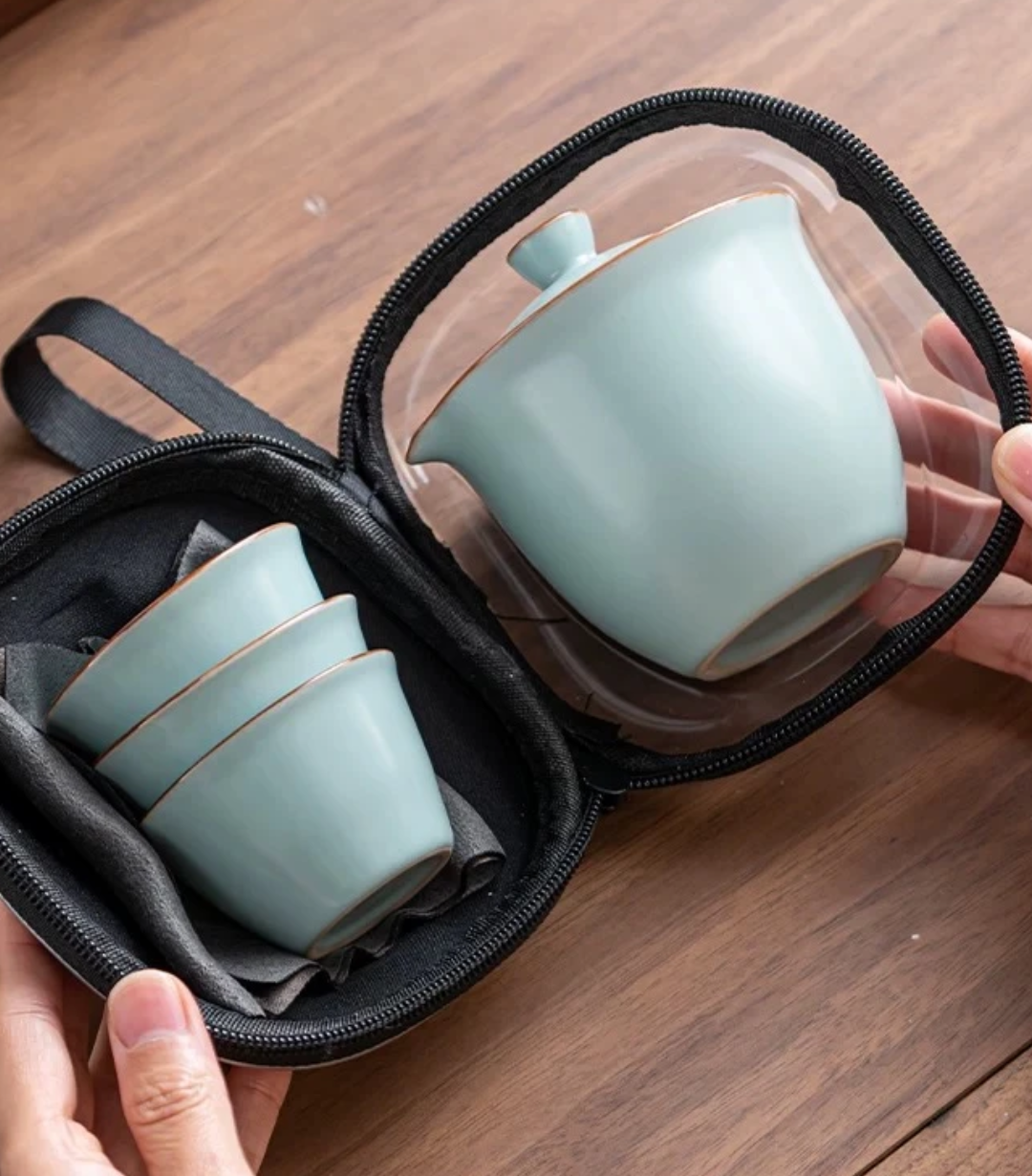 便携式汝窑旅行茶具陶瓷功夫茶杯茶壶户外泡茶收纳包39