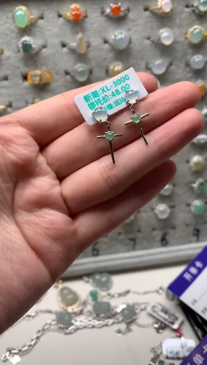 银S925镶嵌戒指翡翠耳饰12