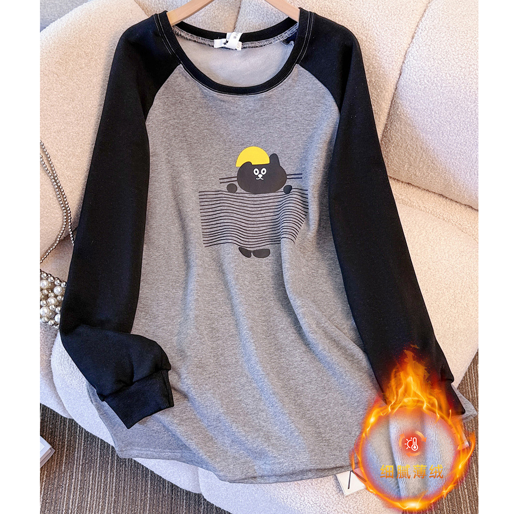 YH-10232大码女装胖mm冬新款加绒卫衣韩系可爱风印花长袖T恤上衣