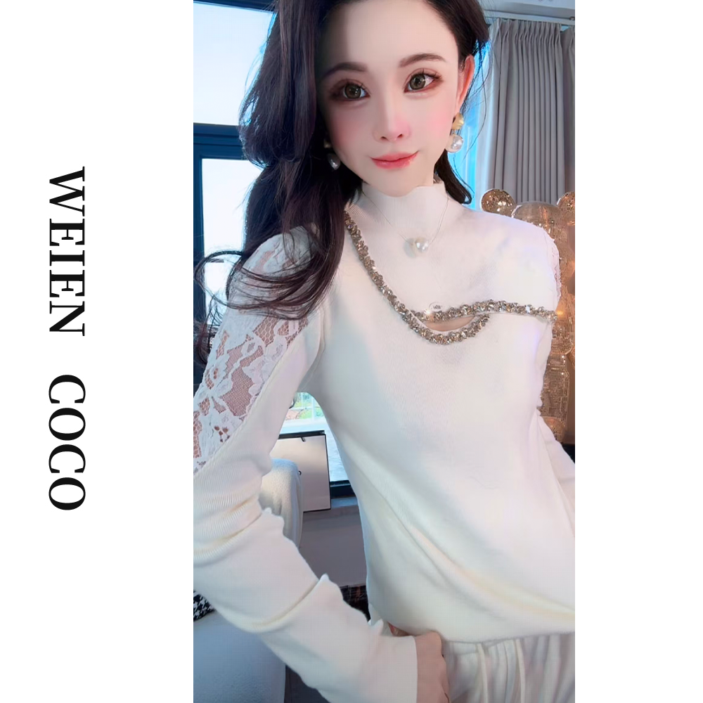 【薇恩COCO】长袖针织毛衣蕾丝修身套头新款打底衫S6122