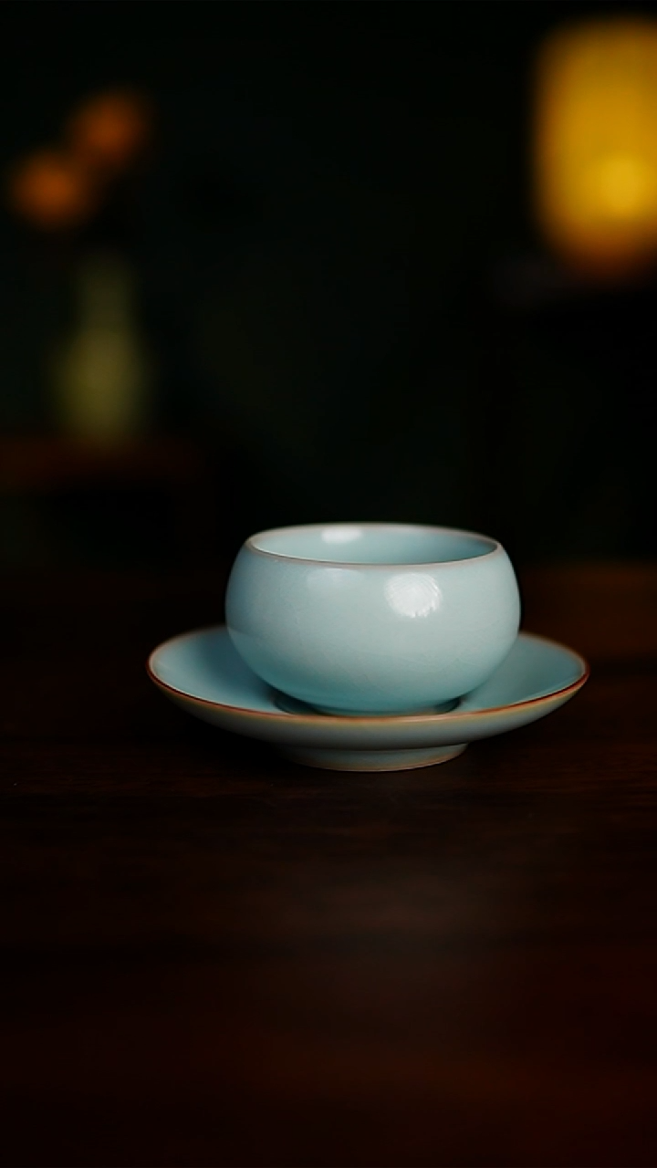 【闪购商品】天青釉 圆融 杯+杯垫 圈足烧
