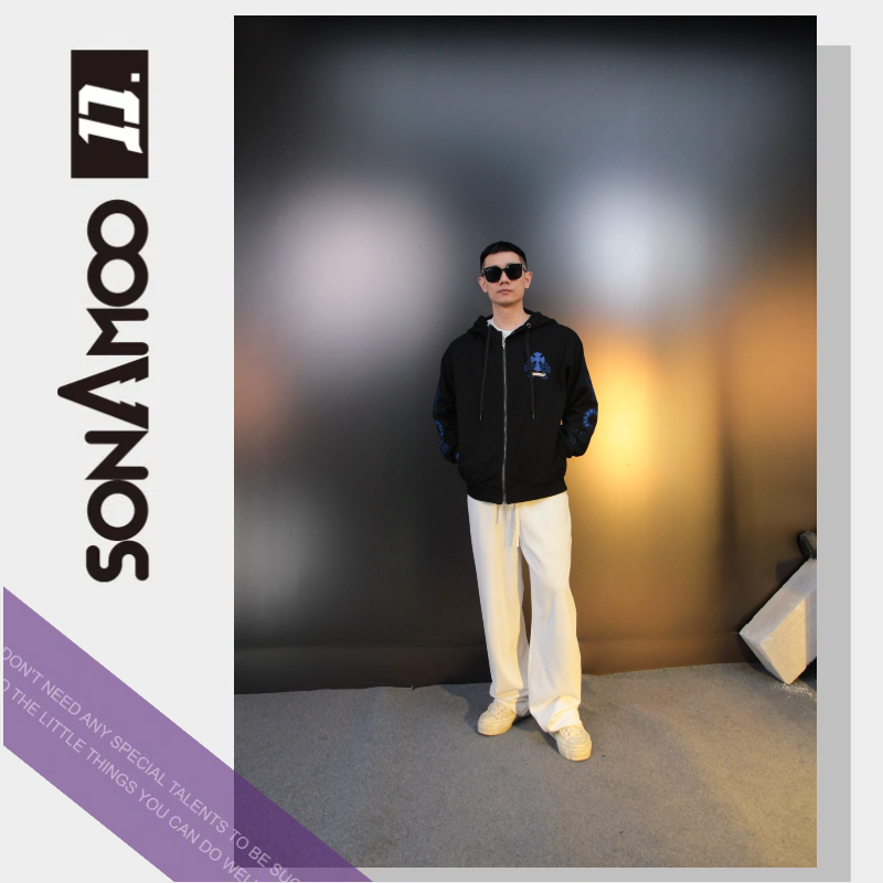 【D15502】sonAmoo蓝色拼皮十字刺绣开衫连帽外套男士秋季D15502