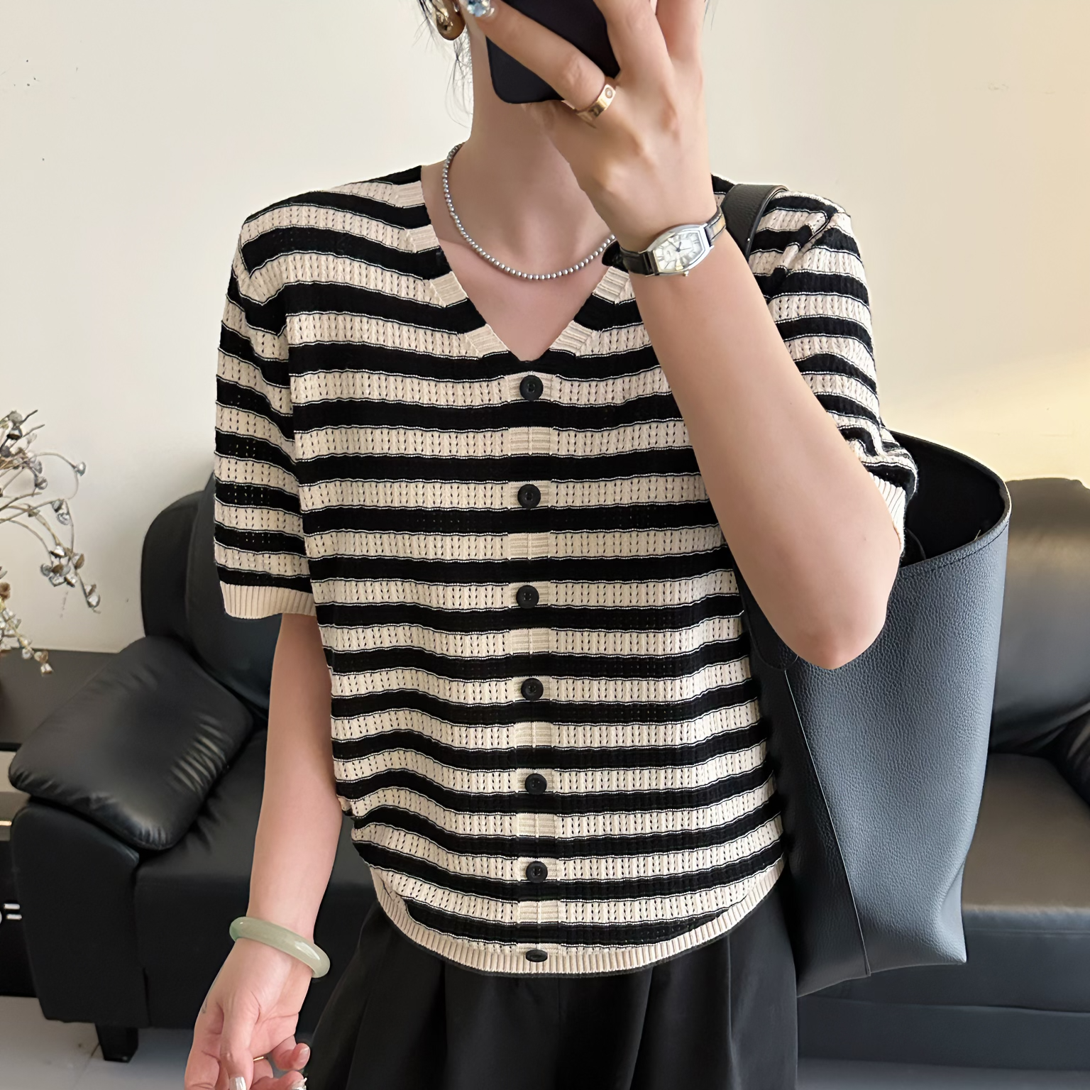 【100%纯棉】V领短袖条纹镂空透气针织衫女装夏季百搭休闲薄款上衣