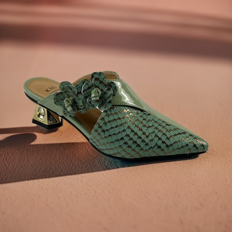 低跟日常粗跟包头镂空波点包头拖法式中跟温婉风珠片hy8112