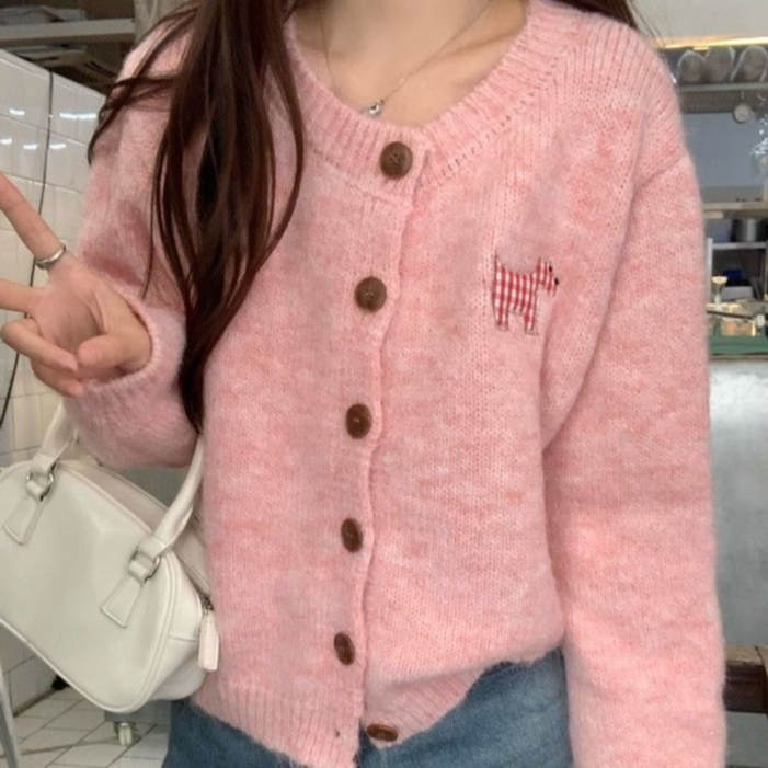 小狗贴布长袖针织衫女早秋新款甜美减龄设计感小个子毛衣开衫上衣