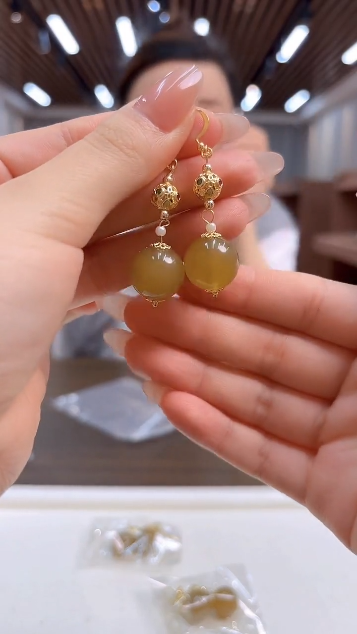 14K金镶嵌和田玉耳饰DIY款E247