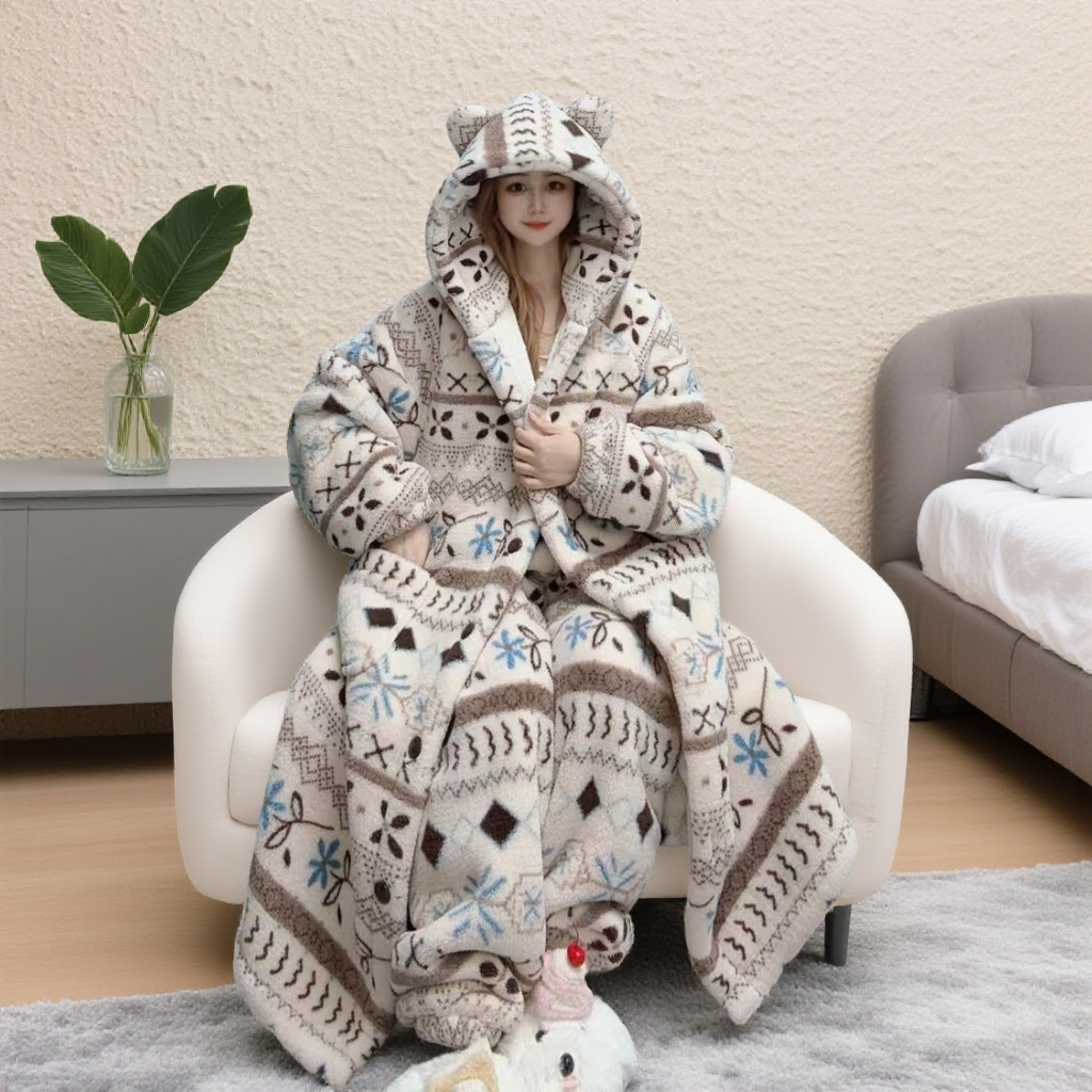  特厚宽松睡衣冬季新款睡袍保暖连帽可外穿家居服