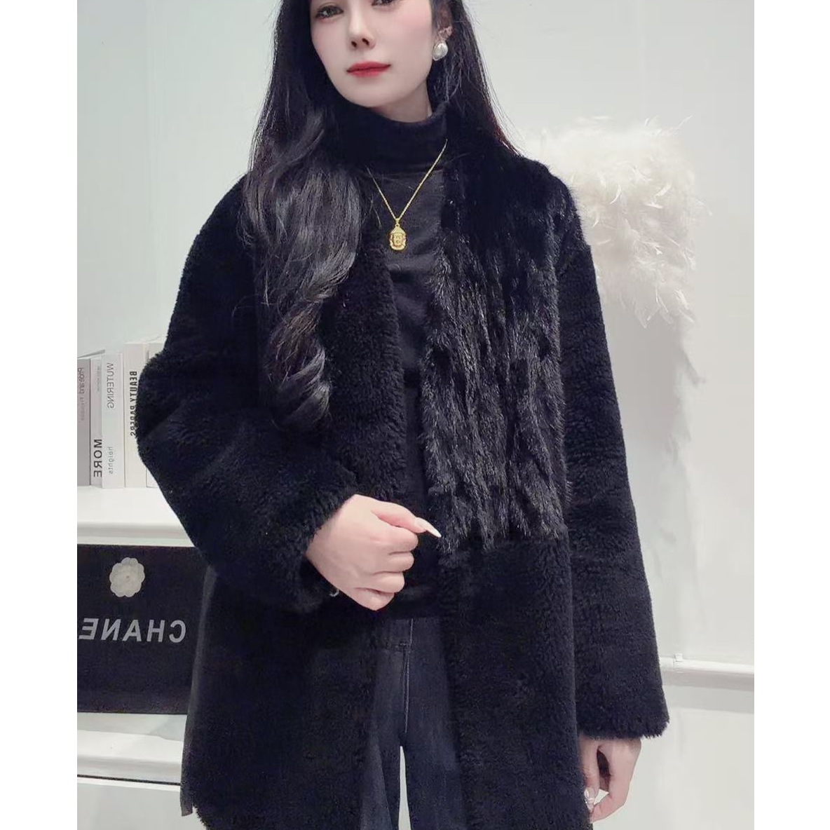 【美尚公主】海宁秋冬高级质感黑色女士羊皮羊毛设计师水貂外套1133