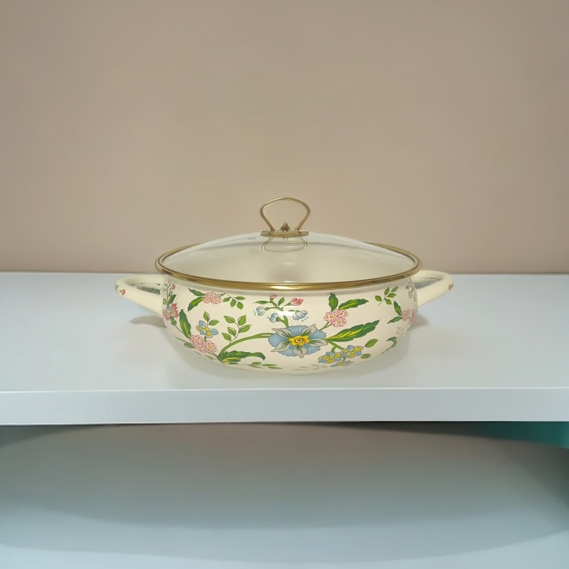 特厚珐琅搪瓷四季汤锅多功能锅火锅玻璃盖双耳锅燃气电磁炉通用