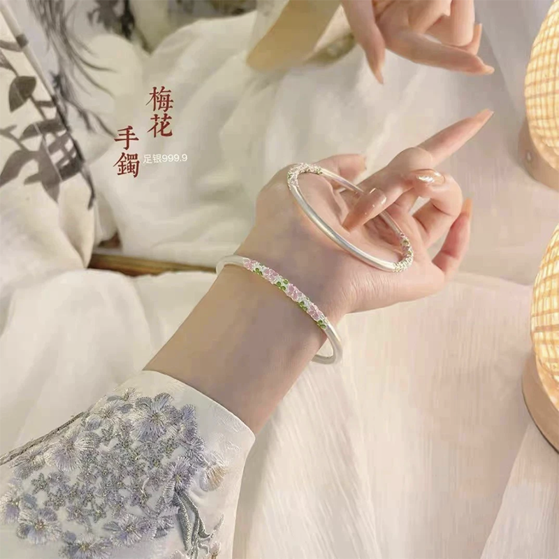 足银手镯 74号链接【珐琅梅花闭口】发货带证书礼盒包装