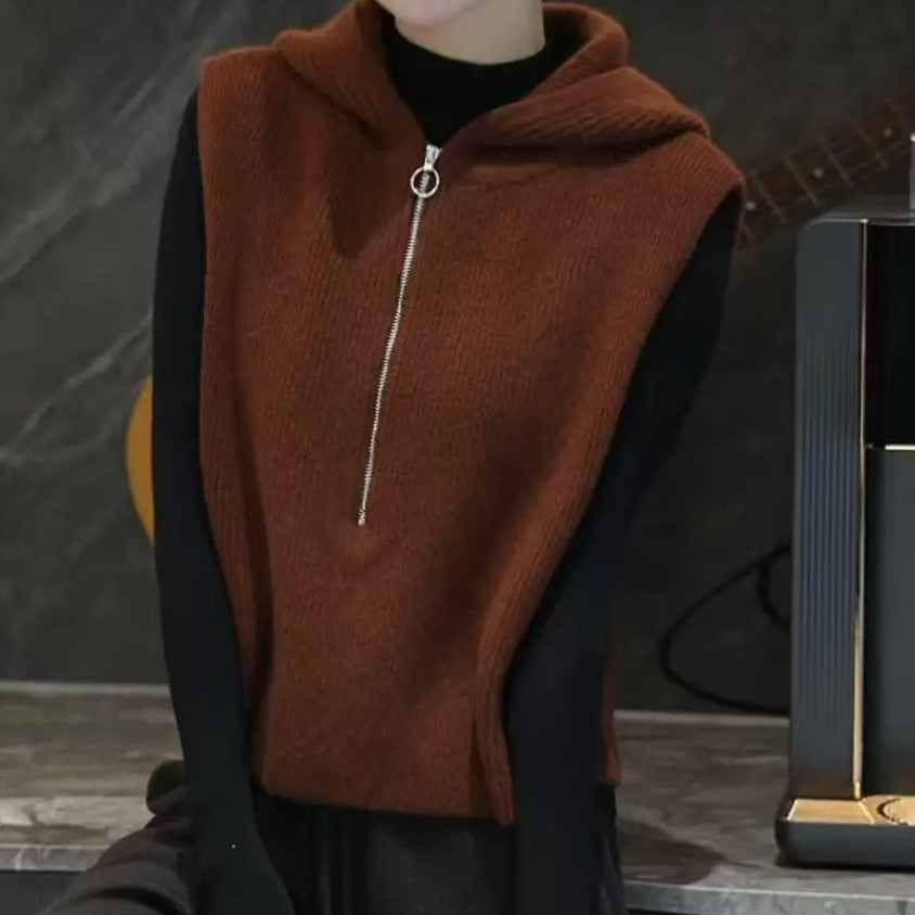 【松弛感】欧货高端纯色无袖针织马甲2025秋季连帽设计感马夹LMMG