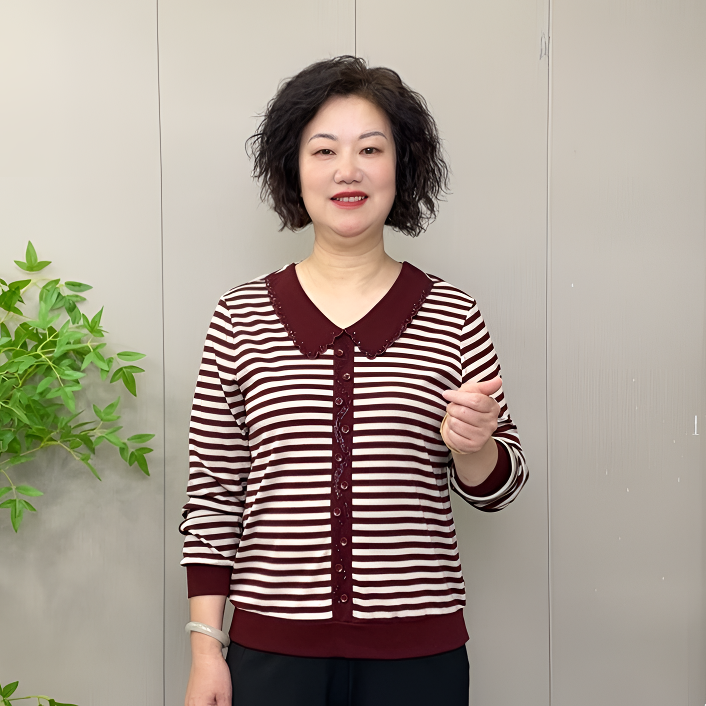 2025秋季新款气质显瘦长袖时尚百搭女士条纹宽松减龄妈妈打底衫