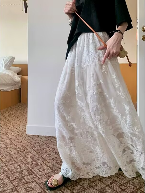 【两个裙长】纯色半身裙夏季新款设计感蕾丝a字裙高腰气质仙女裙