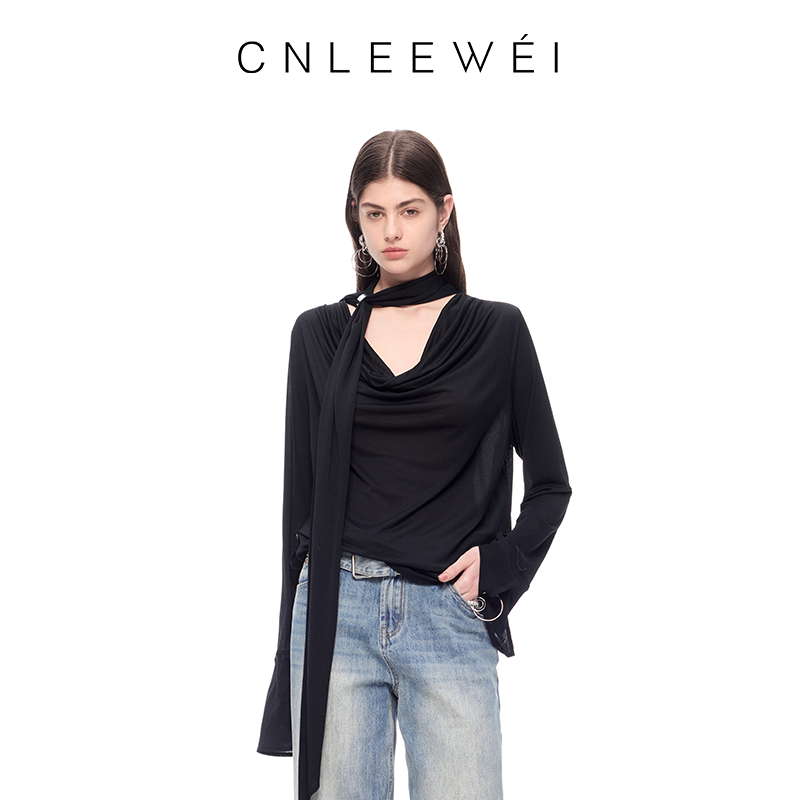 CNLEEWEI2025夏季新款V领荡领飘带秋冬黑色百搭修身时尚长袖上衣