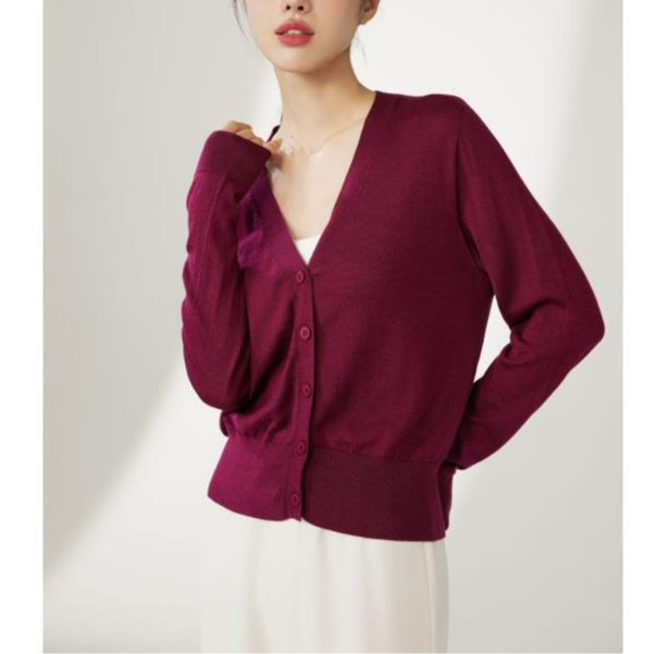 YUHEZR  丝羊毛V领开衫短款气质宽松薄款毛针织开衫