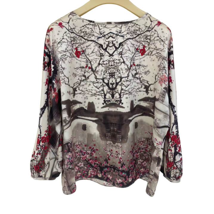 秋季新款2025桑蚕丝真丝蝙蝠袖水墨花印花优雅轻奢上衣