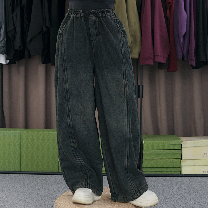 Q5046加绒直筒裤阔腿裤长裤高腰牛仔裤女冬季做旧水洗宽松复古