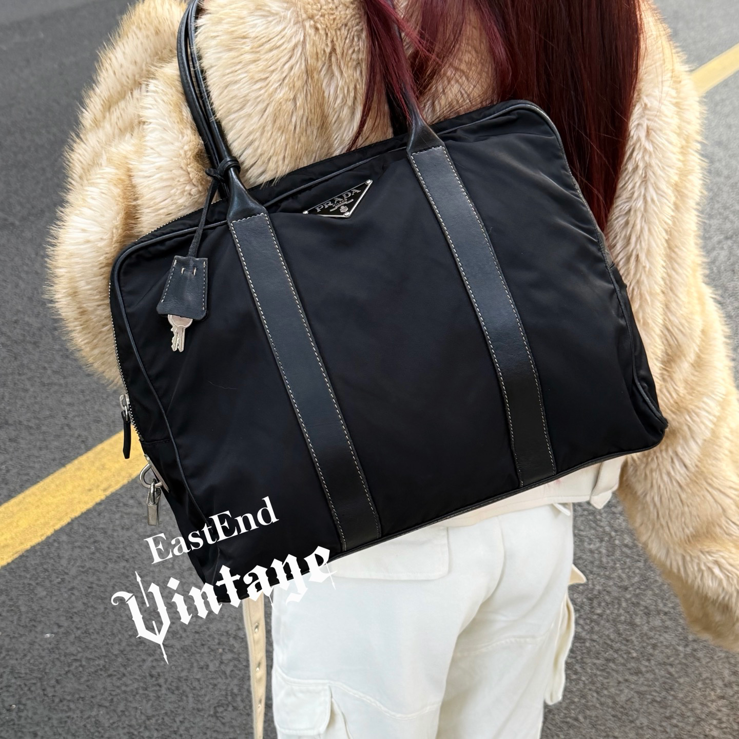 95新 Prada/普拉达 東区-黑色尼龙拼皮降落伞单肩包/35960