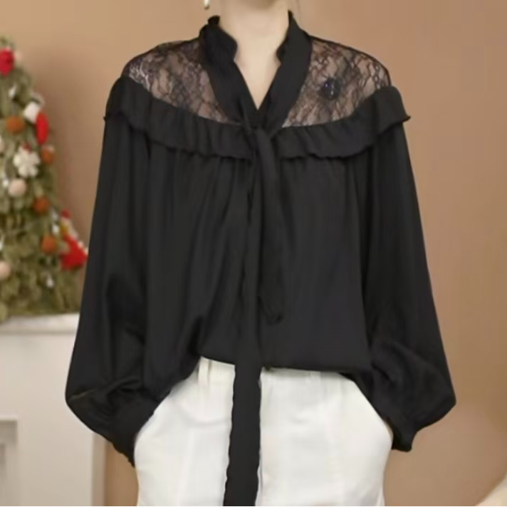 AMASS/阿玛施荷叶边装饰轻奢蝴蝶结蕾丝轻熟优雅衬衫上衣530140