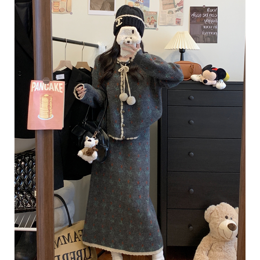 【大码】 280两件套系带针织毛衣半身裙套装裙女