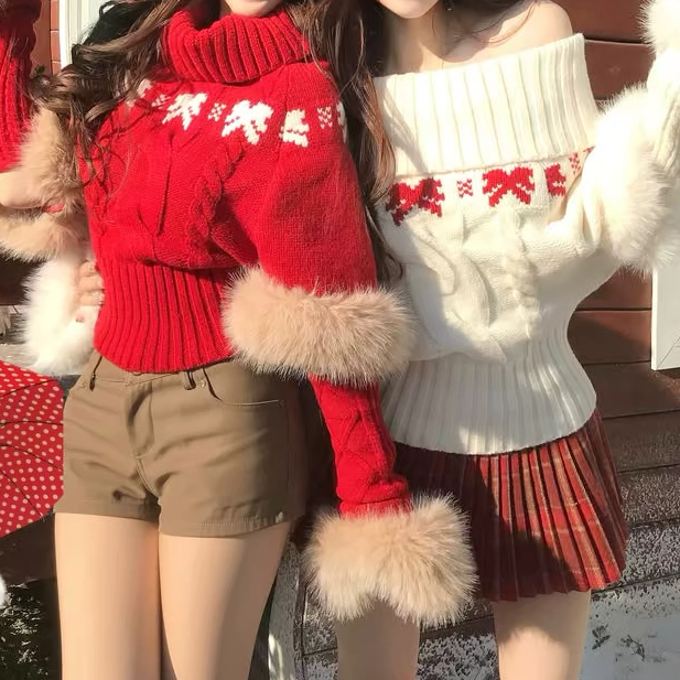 欧街-针织手臂毛绒百搭蝴蝶结外套121101-15458