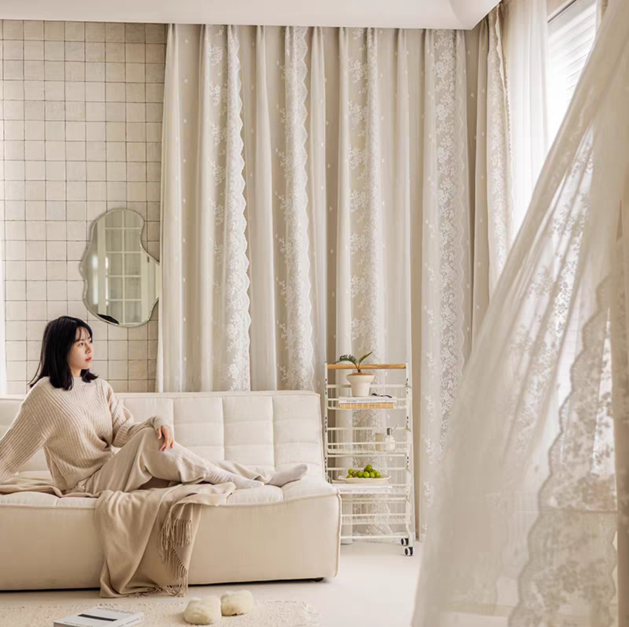 【双层蕾丝窗帘】 六米对开公主风 客厅阳台卧室客厅奶油色成品窗帘