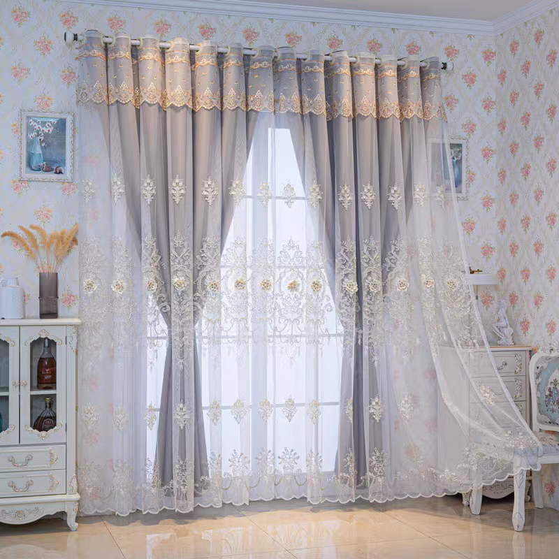 高遮光灰色浮雕绣花布纱一体现代简约客厅卧室隔断成品包邮