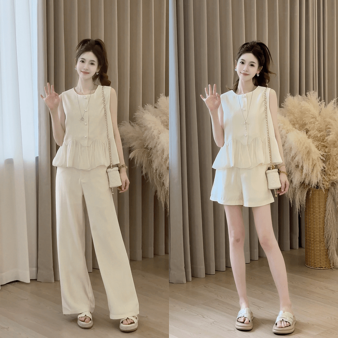 2025新款夏季月光琉璃珠光感时尚休闲小香风无袖上衣宽松短裤套装