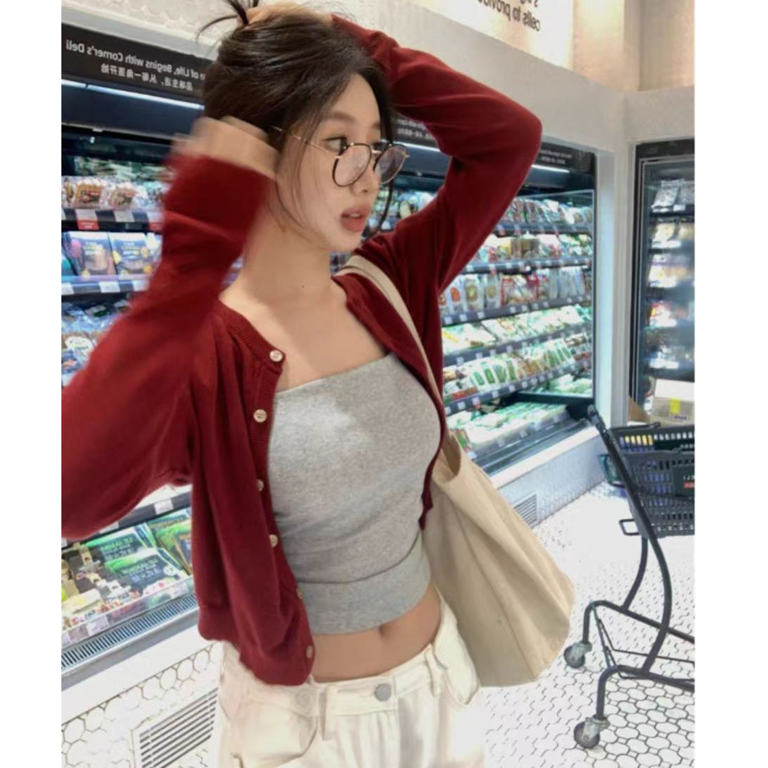 红色开衫女装秋季针织衫外套小个子修身显瘦黑色毛衣外搭短款上衣