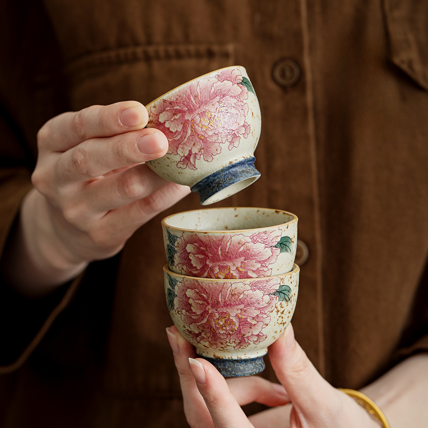 火石红芙蓉花品茗杯陶瓷主人杯功夫茶杯复古个人杯普洱杯反口杯子