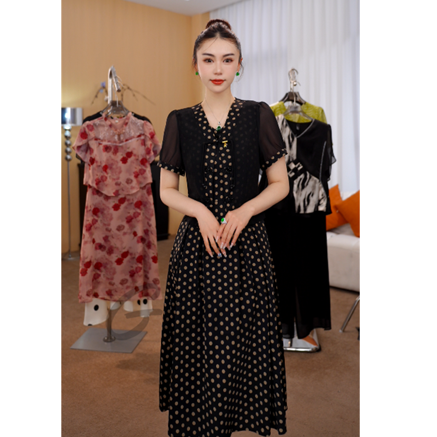 G6513高档轻奢妈妈波点两件套连衣裙大码遮肉显瘦过膝裙子套装
