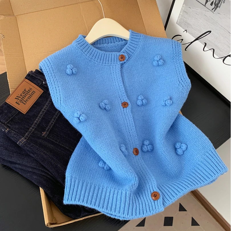 韩系高级感蓝色立体毛球针织马甲女秋季时尚气质叠穿无袖背心上衣