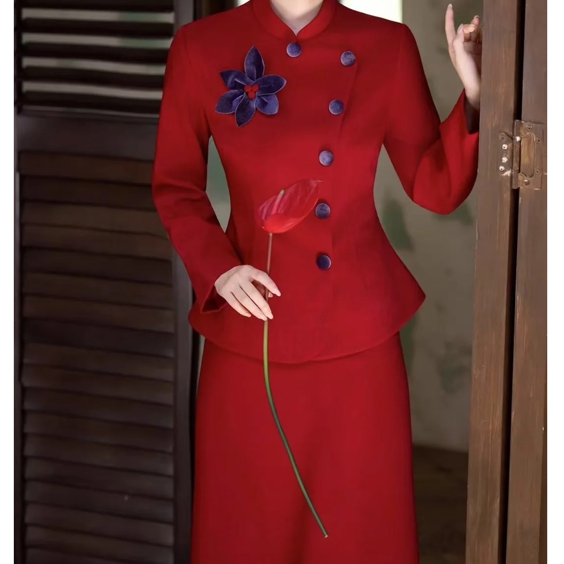 紫扣子长袖两件套敬酒订婚小众