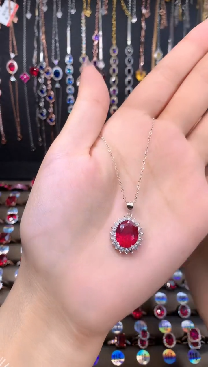银S925镶嵌吊坠(赠链)红宝石银色10.12