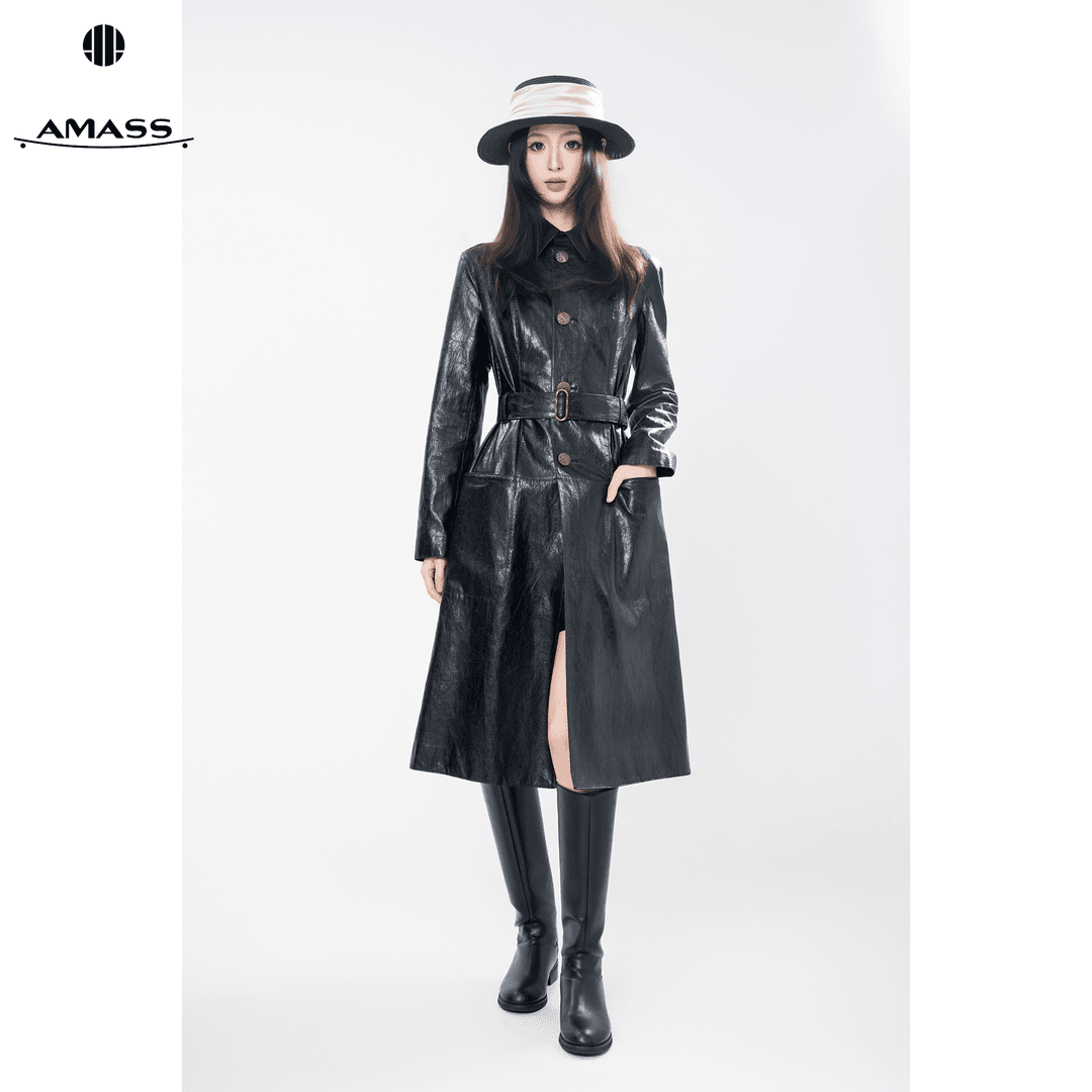 AMASS/阿玛施秋冬复古时尚质感黑色老风中长款风衣外套女540060