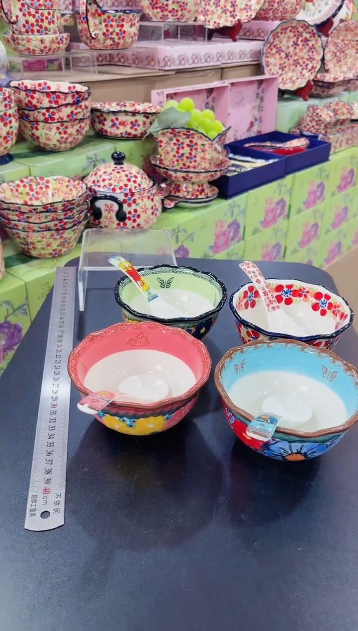 瓷4碗4勺5英寸（莫妮+粉黛+樱花+蓝）