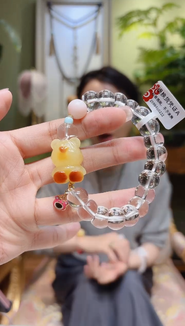 【闪购商品】水晶手串18K金镶嵌蜜蜡熊大肠白水晶手串