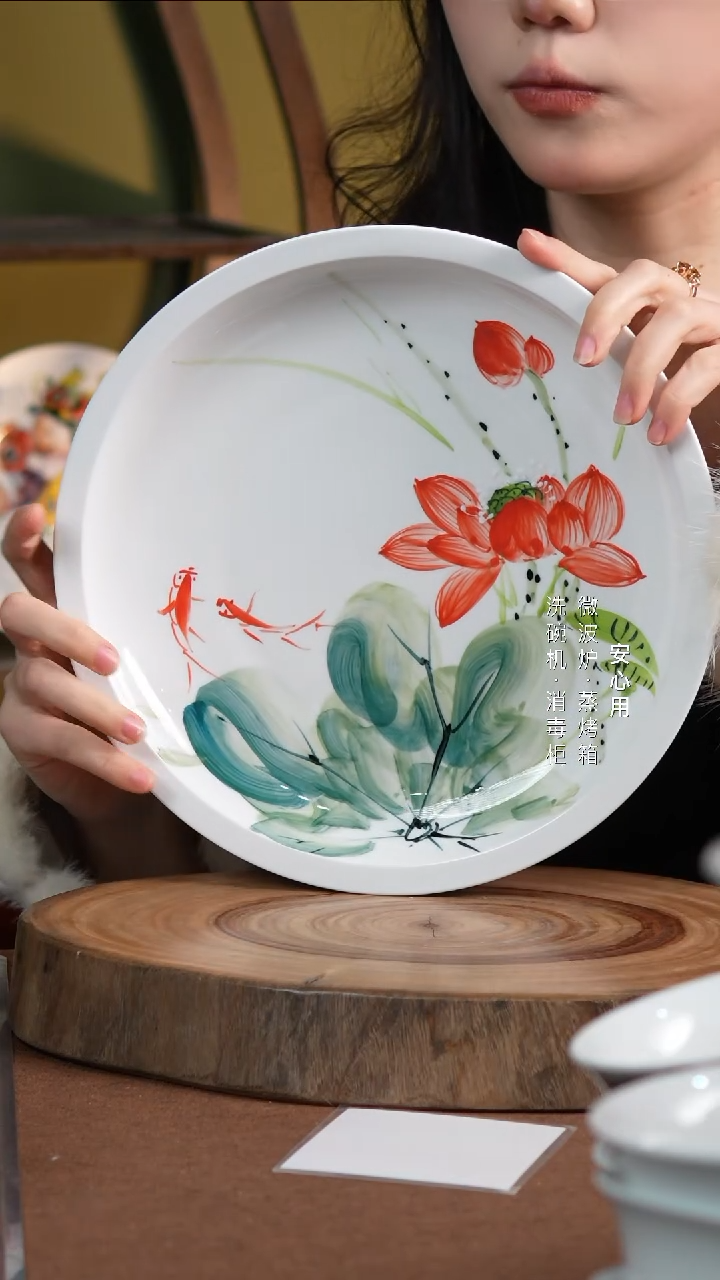 瓷樱*子景德镇高温手绘釉下彩10英寸官窑窝盘红荷瑕疵品不退不换