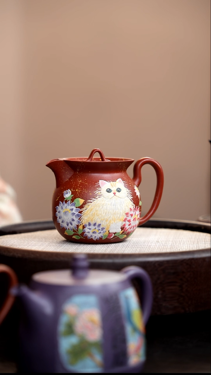 茶壶紫砂朱泥蜜罐泥绘黄猫