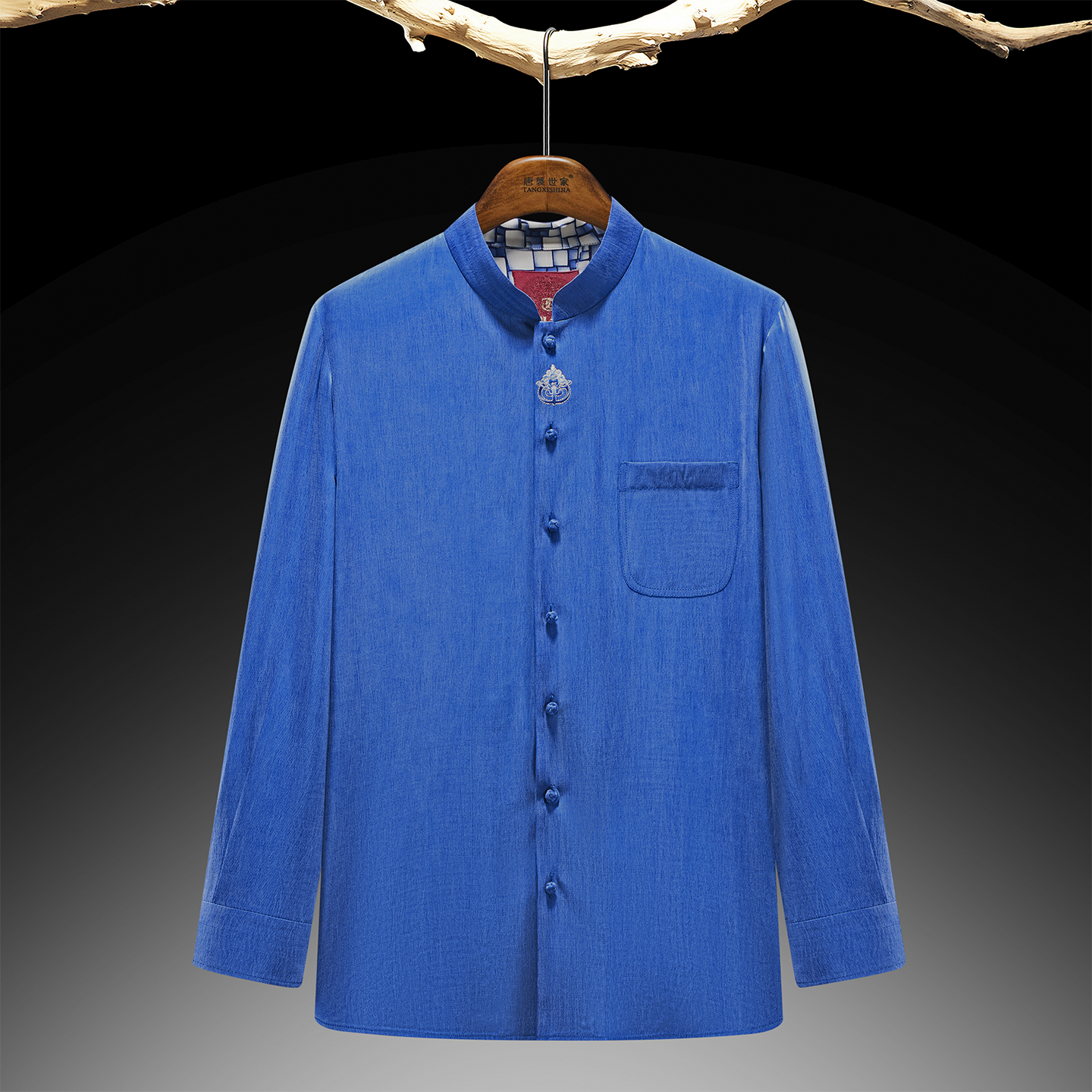 中式唐装男青年长袖春秋季立领休闲盘扣绣花衬衫