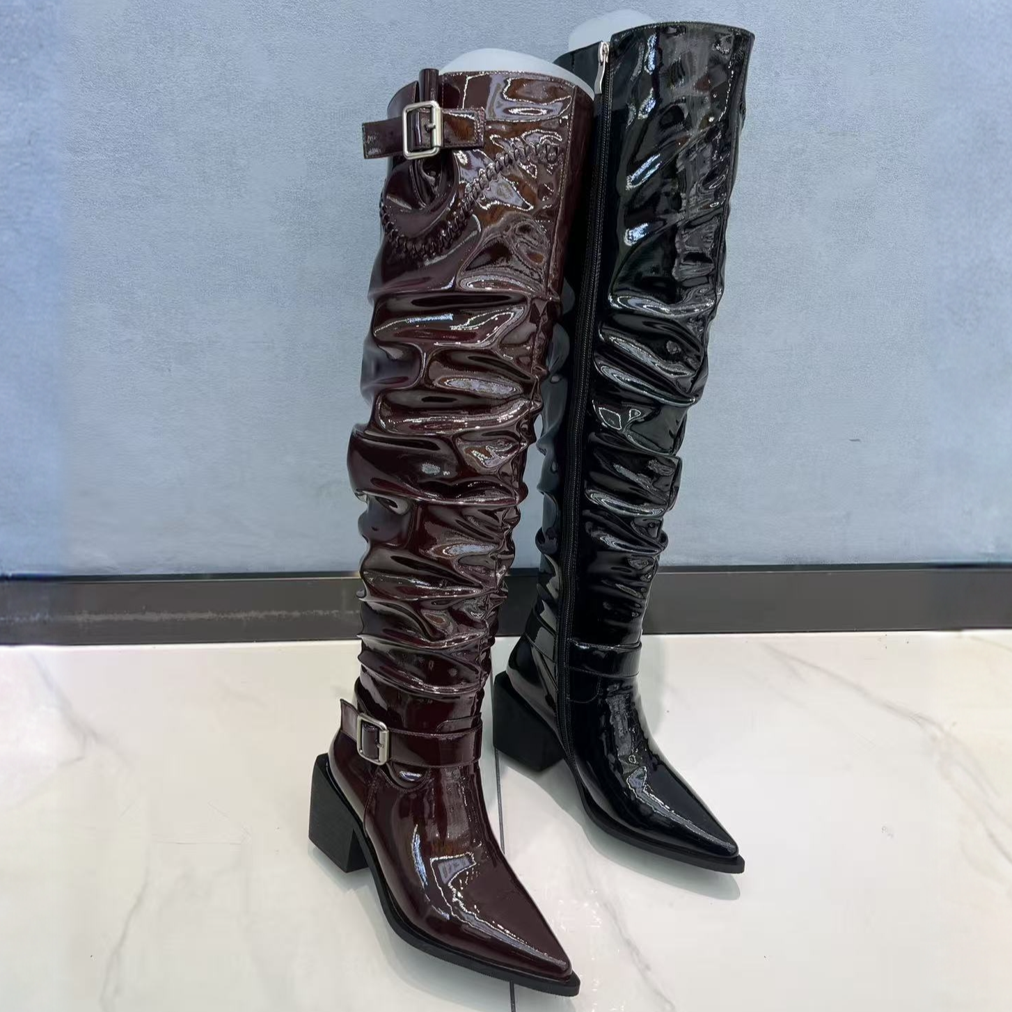 新年过膝靴骑士漆皮女靴长靴时装靴粗跟长筒高筒靴高跟漆皮侧拉链