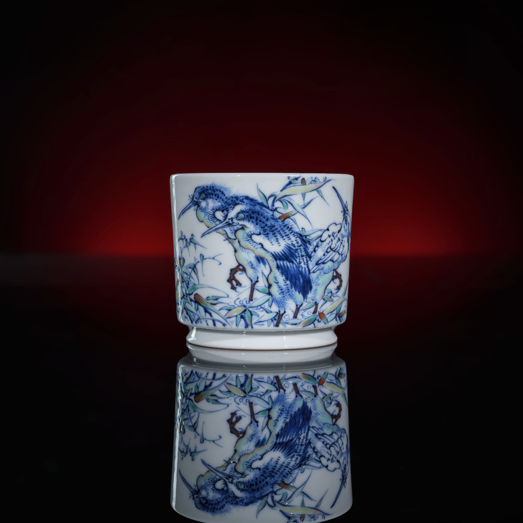 六逸堂 青花斗彩夜鹭三思容天杯