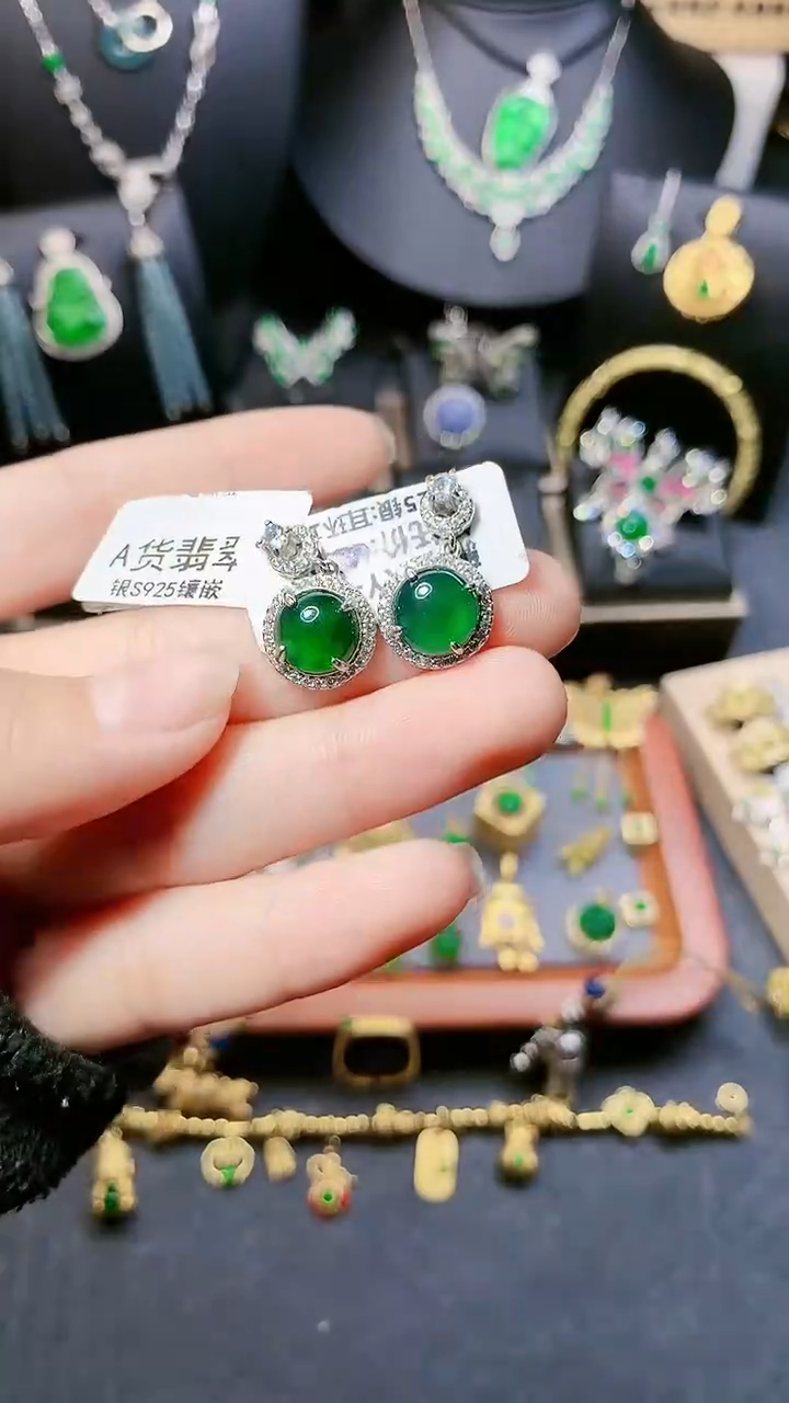 【闪购商品】翡翠耳饰银S925镶嵌耳饰