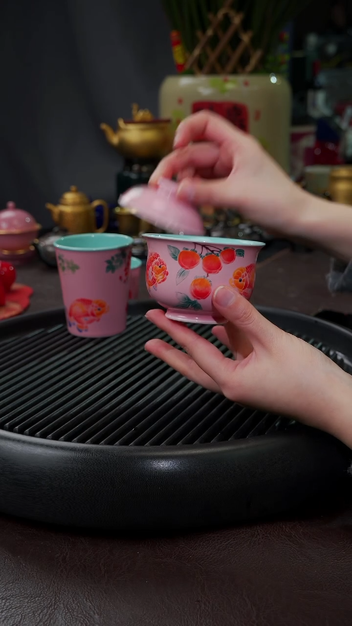 【闪购商品】杯【宜景窑桃夭粉】手绘盖碗