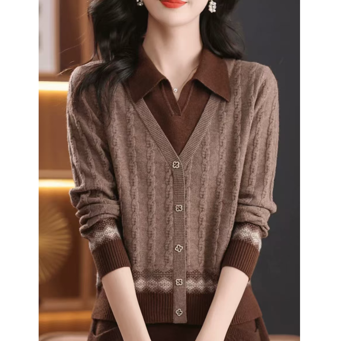 （现货）2025年新款秋冬洋气假两件衬衫毛衣女气质上衣女