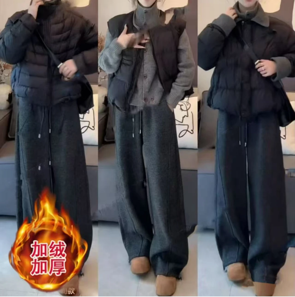 加绒羊毛呢阔腿裤女2025秋冬季新款休闲加厚慵懒香蕉卫裤子