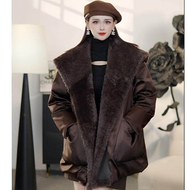 2025冬季新款真丝拼接拉贡真毛保暖羽绒鹅绒服羽绒服8233